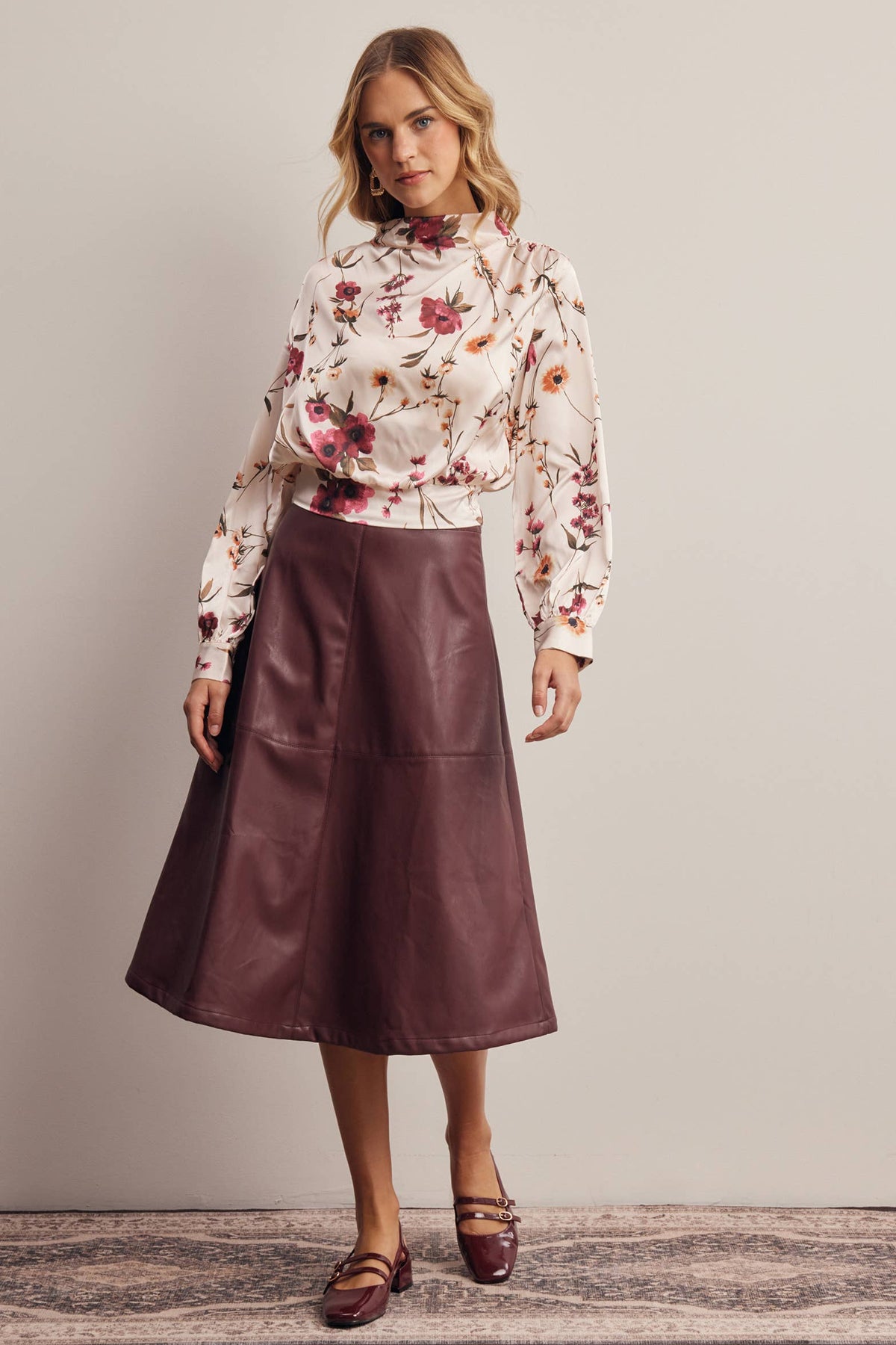 Floral Mock Neck Tie Back Blouse