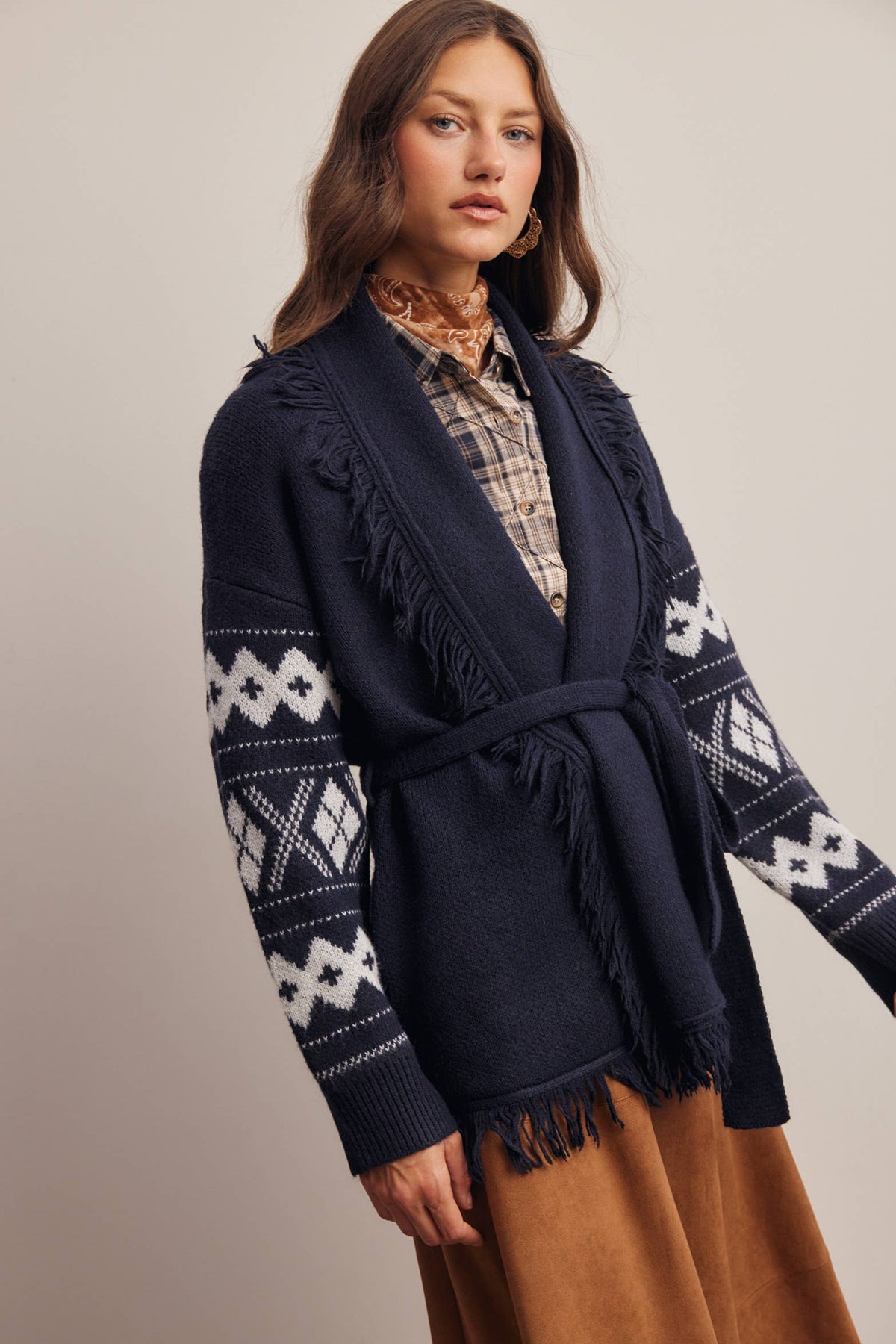 Fringe Trim Belted Western Cardigan