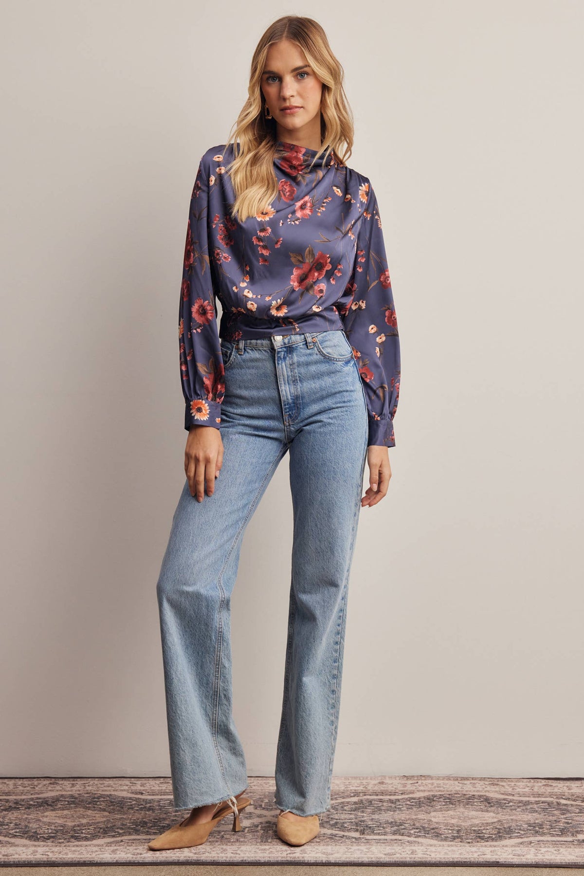 Floral Mock Neck Tie Back Blouse