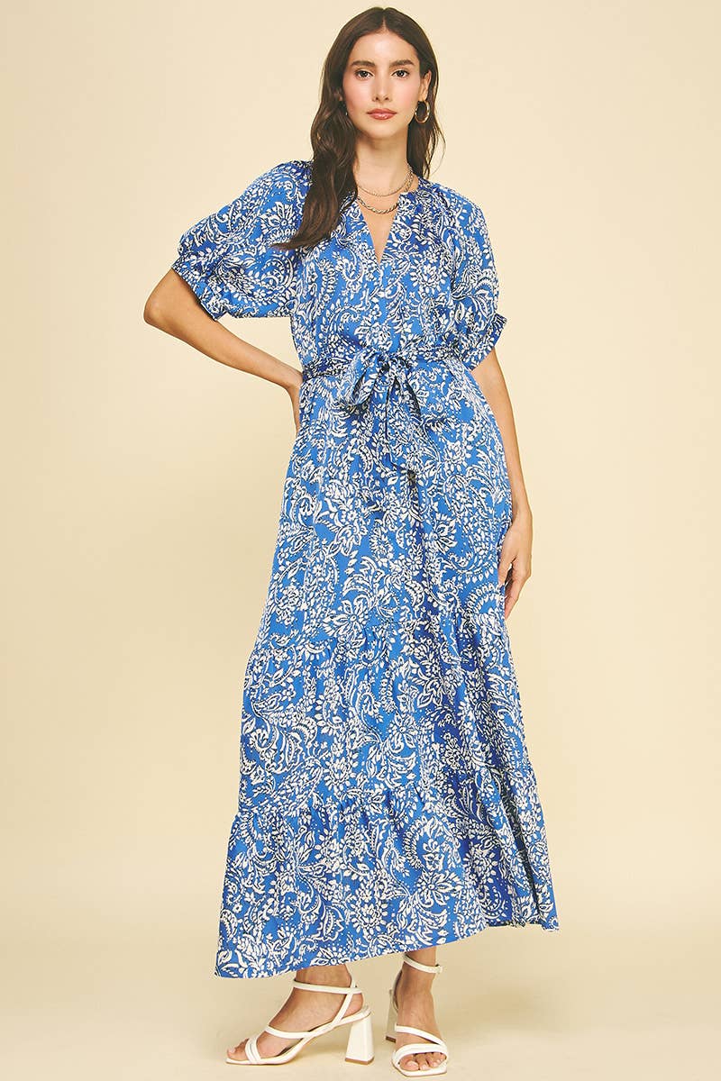 DAMASK PRINT TIERED MAXI DRESS
