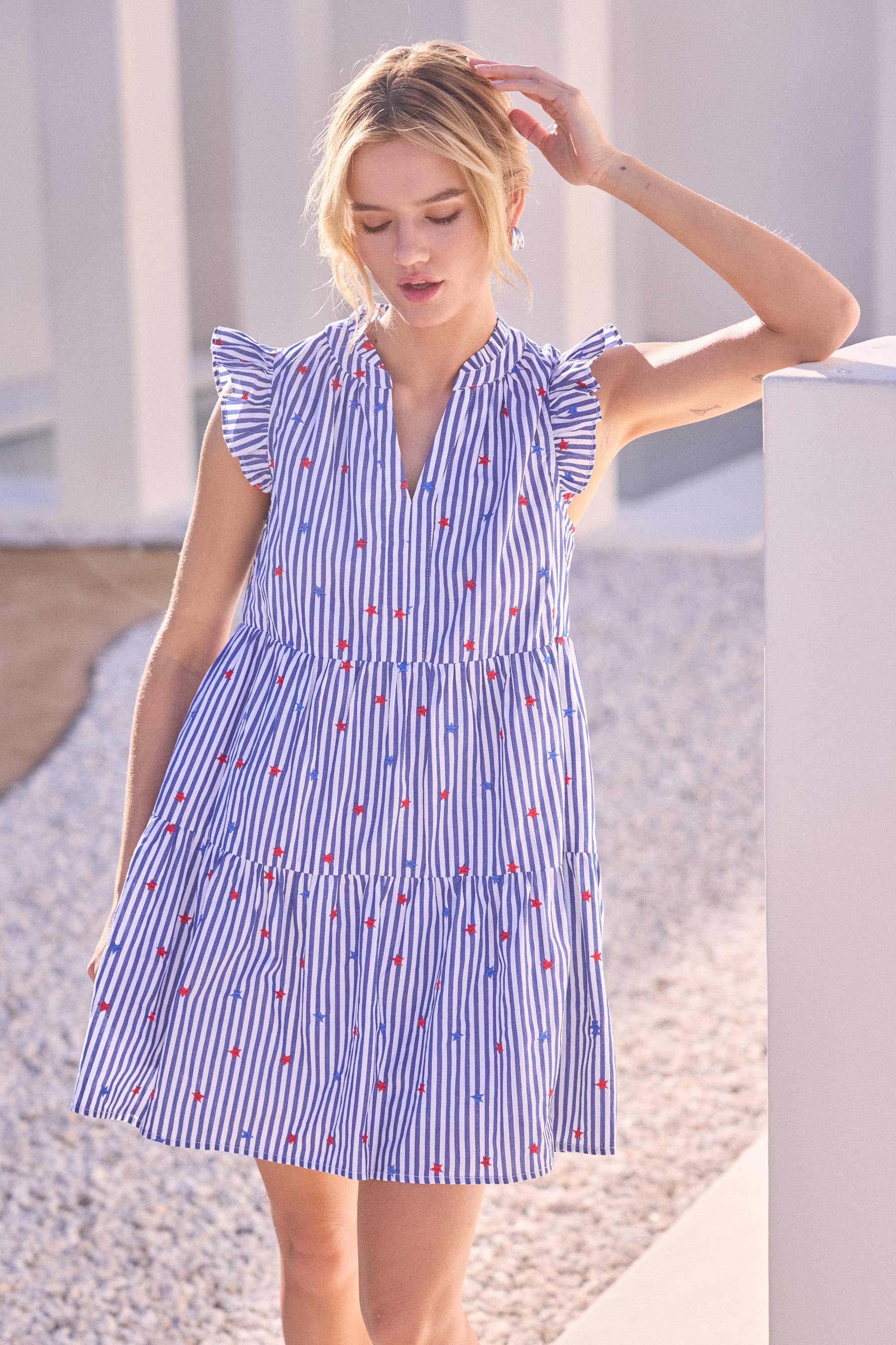Striped Dress with Star Embroidery