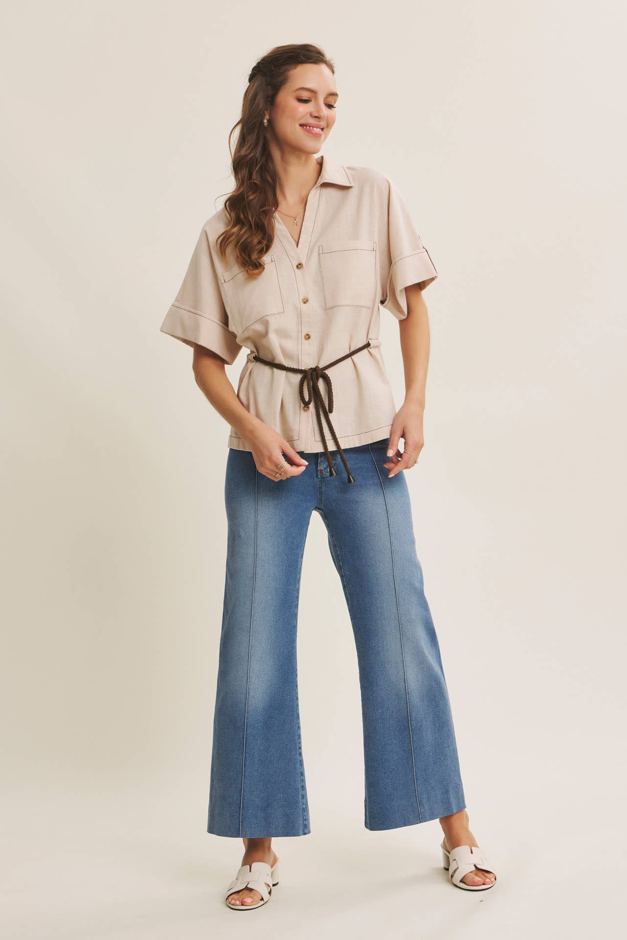 PINTUCK ANKLE LENGTH WIDE-LEG DENIM PANTS