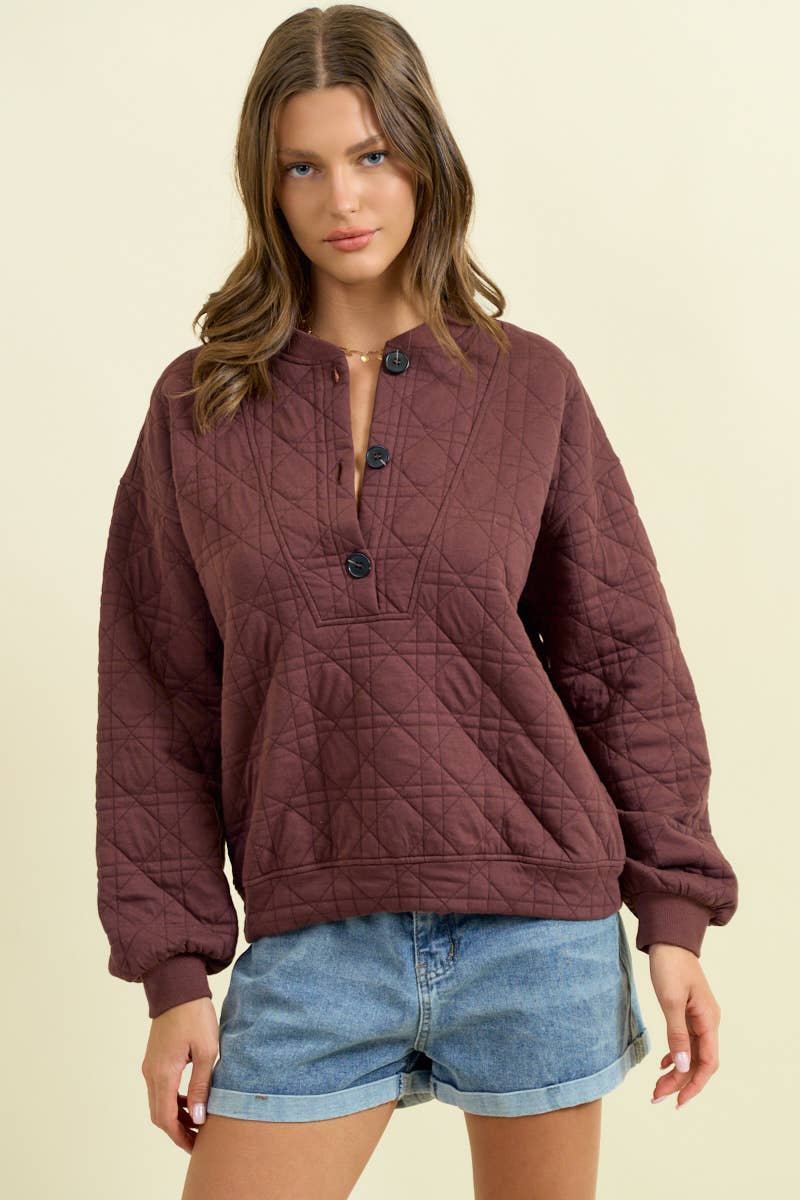 QUILTED BUTTON FRONT SWEATSHIRT
