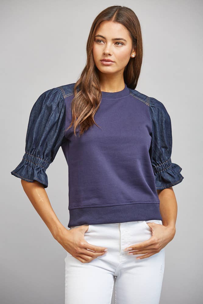 DENIM PUFF SLEEVE SWEATSHIRT