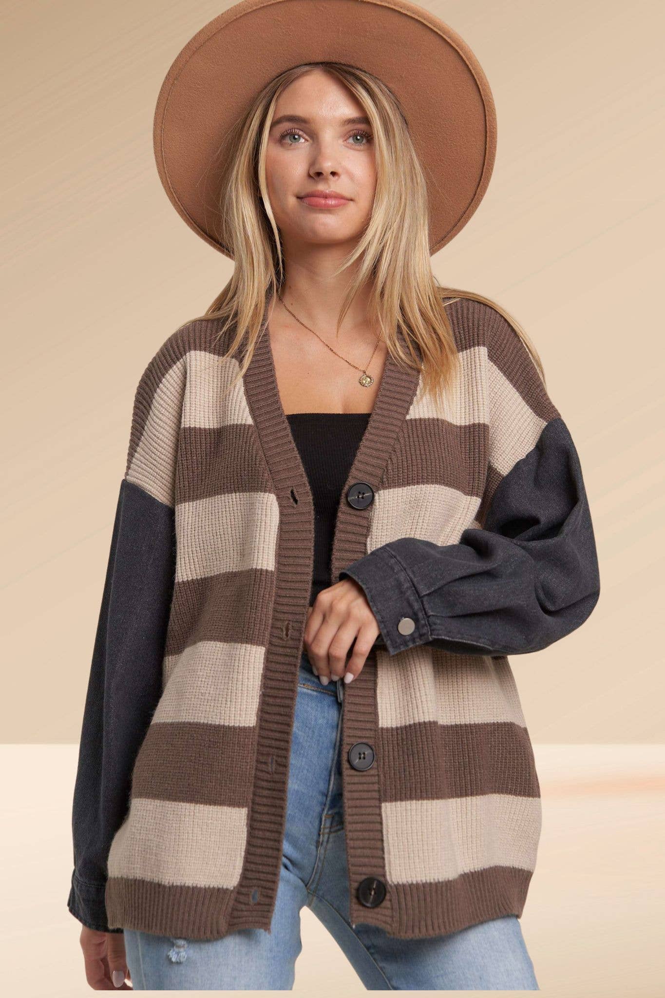 DENIM SLEEVE STRIPE CARDIGAN