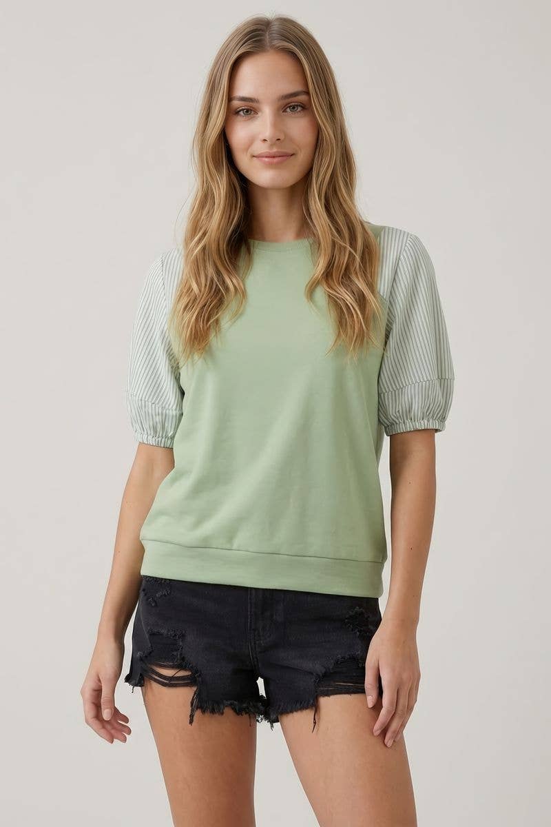 STRIPE CONTRAST MIX PUFF SLEEVE TOP