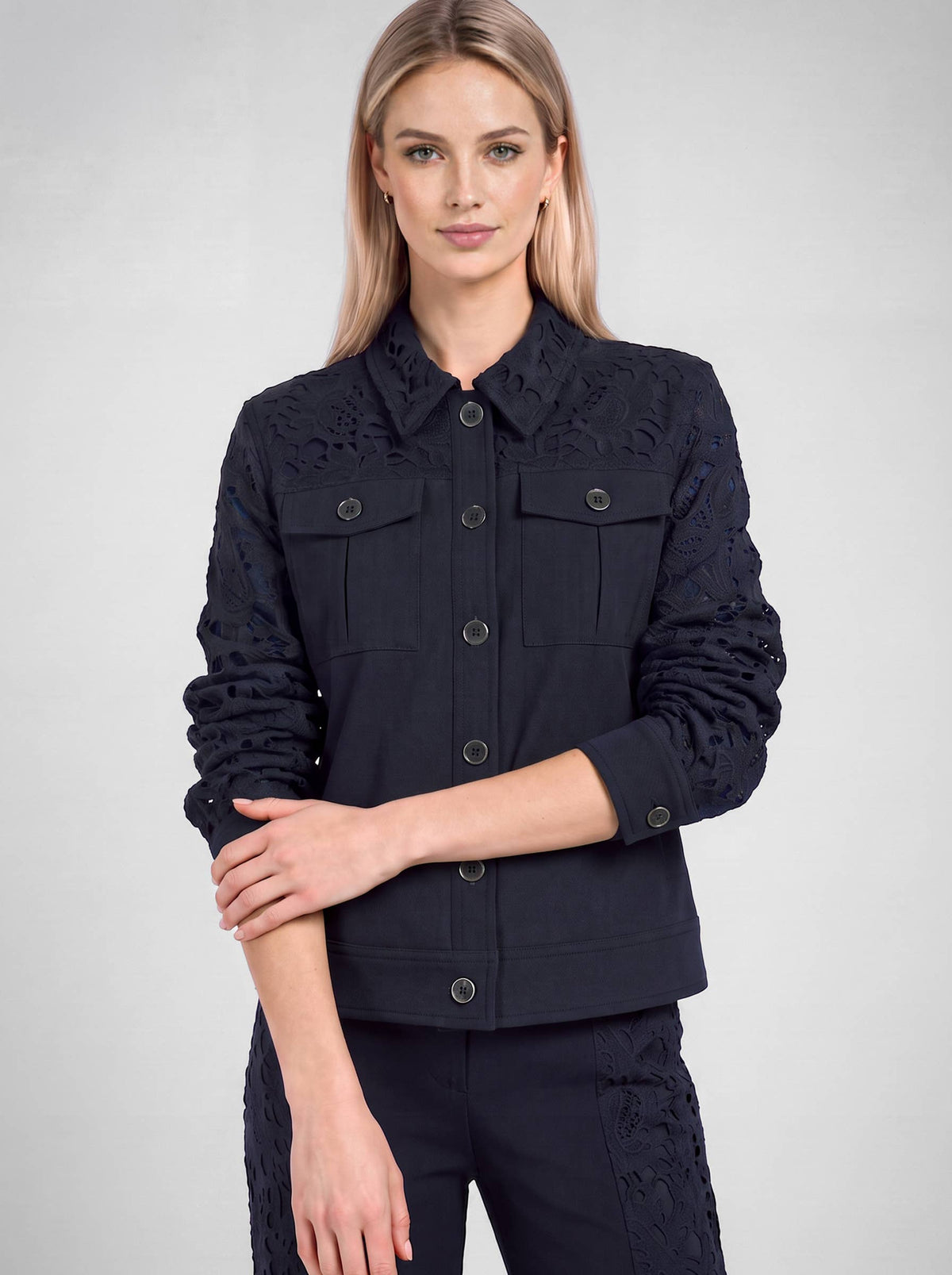 Lace-Paneled Long Sleeve Jacket