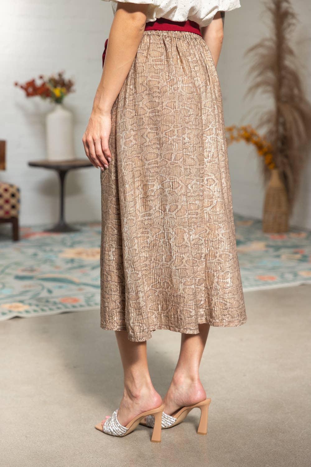 Red Belt Animal Print Midi Skirt