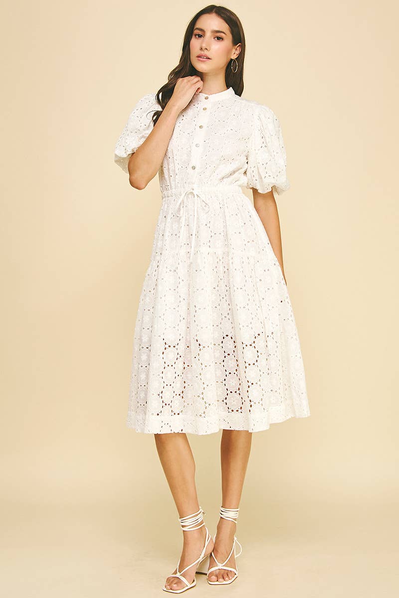 EYELET EMBROIDERED MIDI DRESS