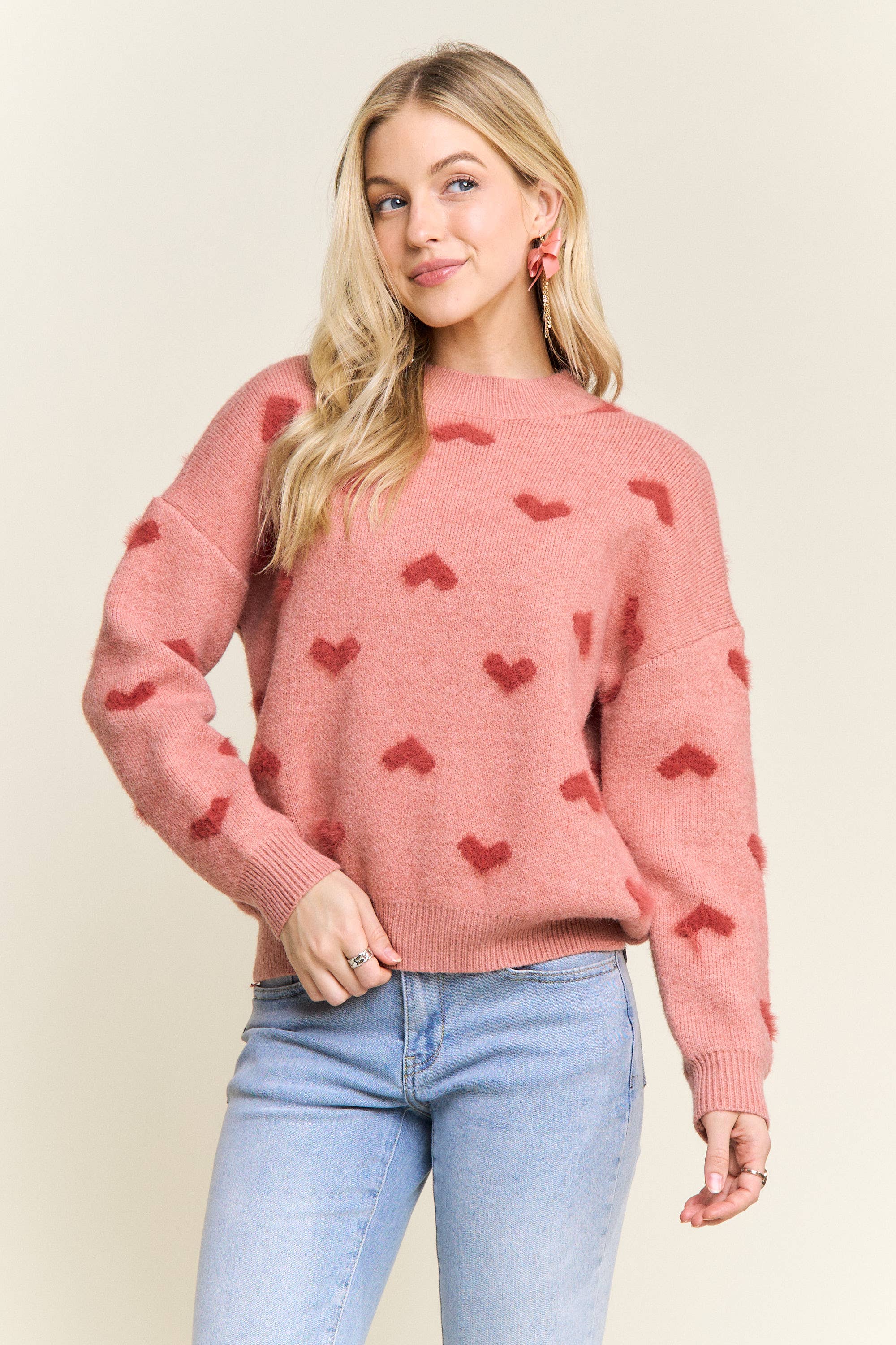 DROP SHOULDER HEART PATTERN SWEATER