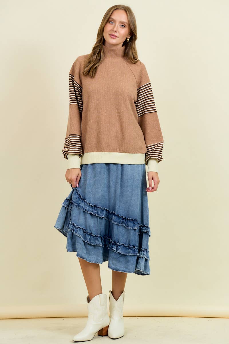 MIXED STRIPE LONG SLEEVE KNITTED TOP - 45141T