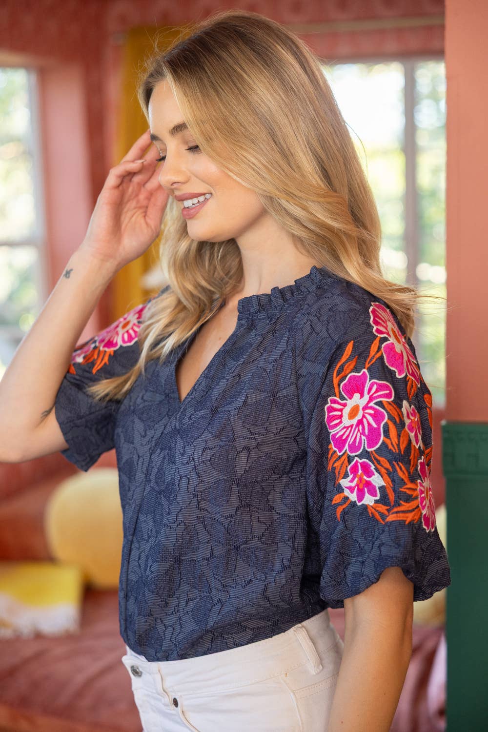 Embroidered Floral Textured Top