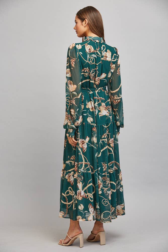 FLORAL/CHAIN PRINT CHIFFON DRESS