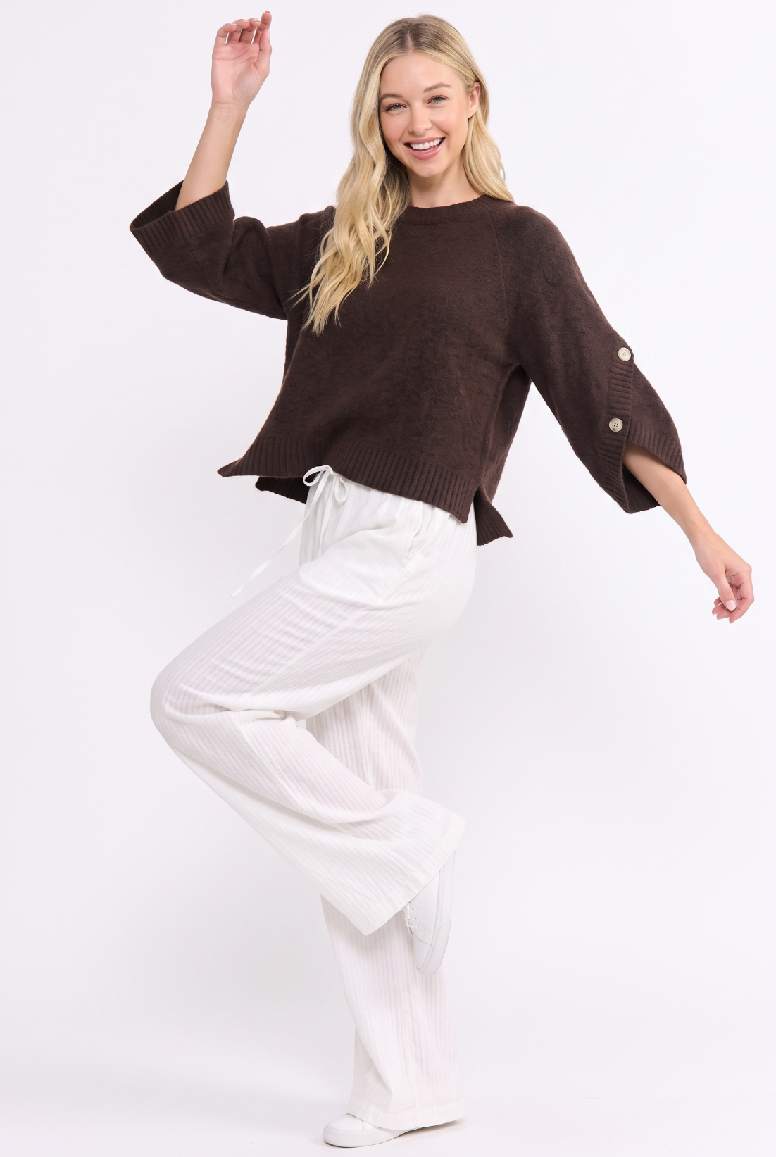 BUTTON SLEEVE KNIT PULLOVER