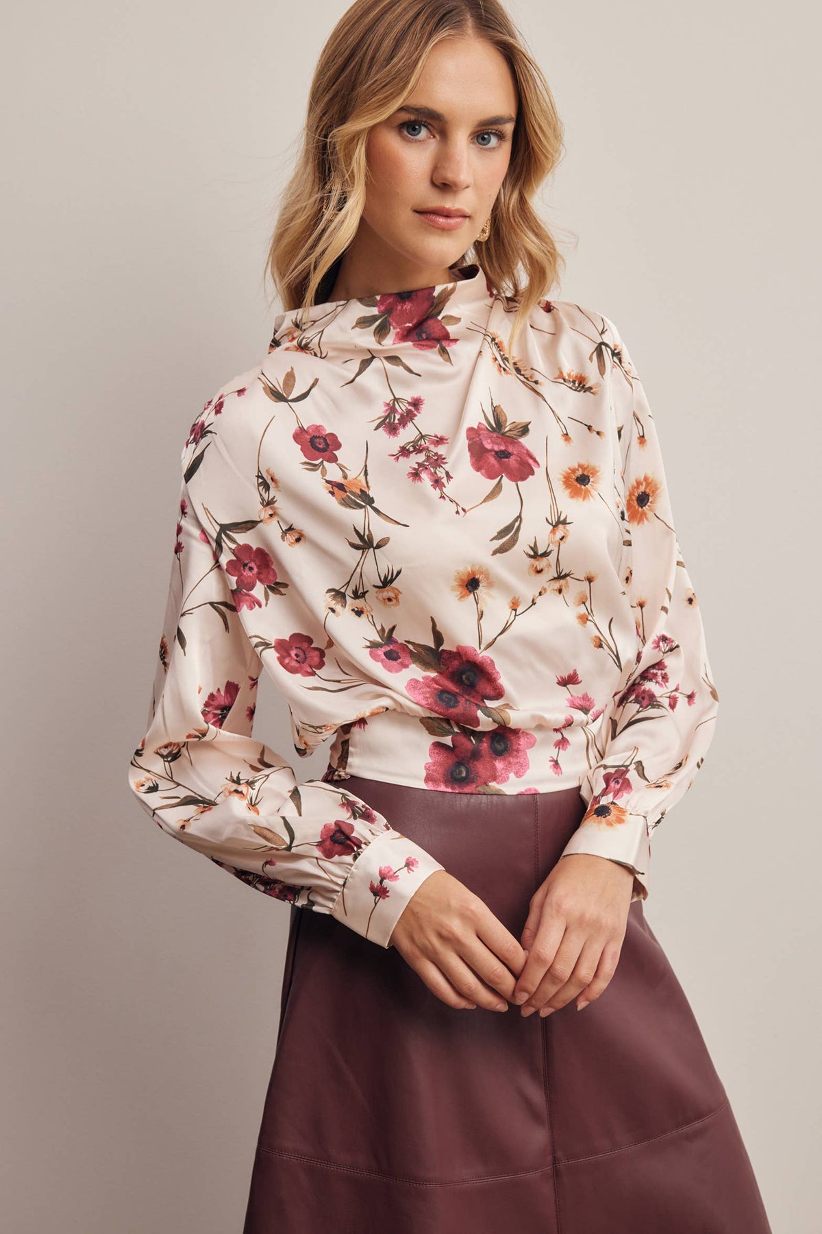 Floral Mock Neck Tie Back Blouse