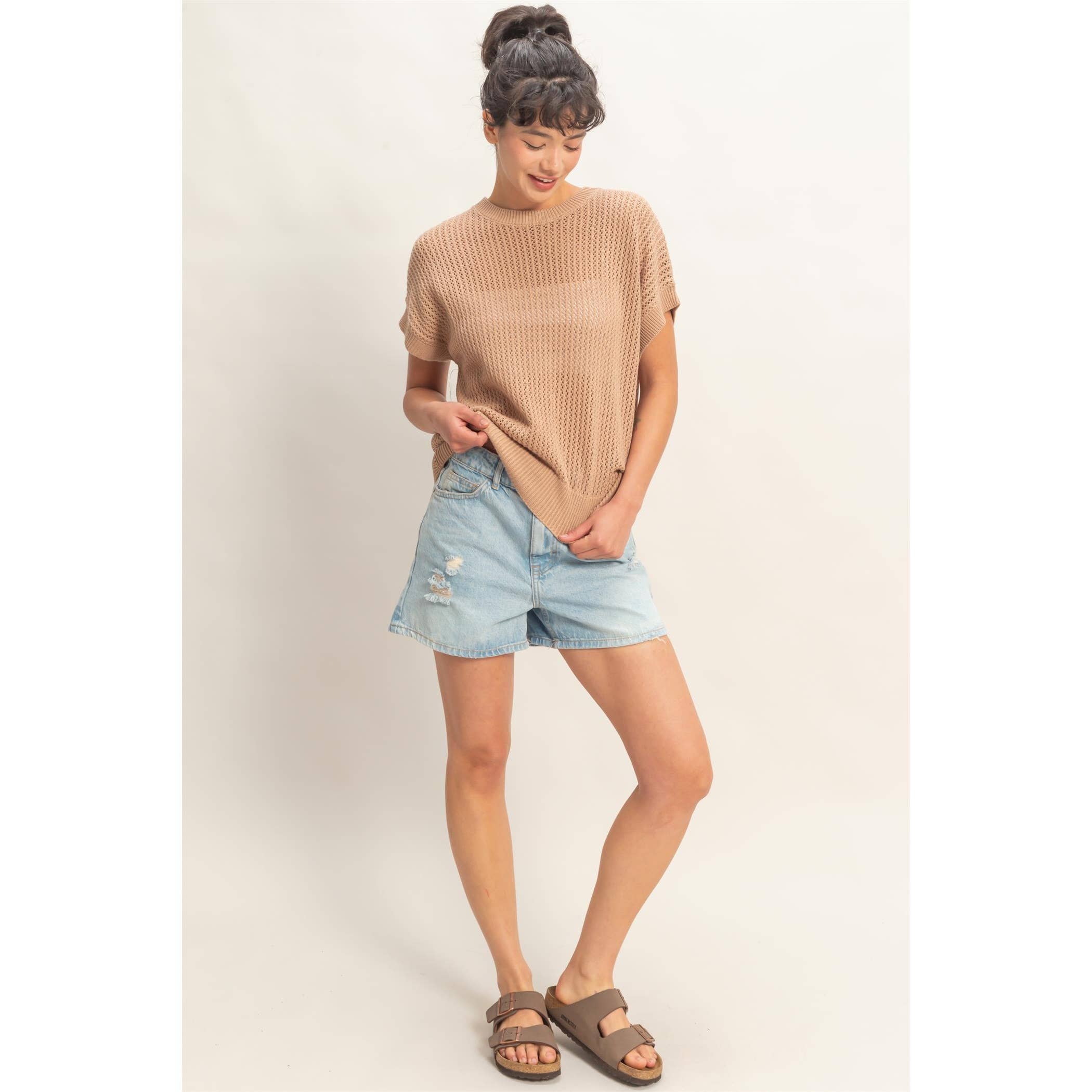 Taupe Open-Knit Dolman Sleeve Top