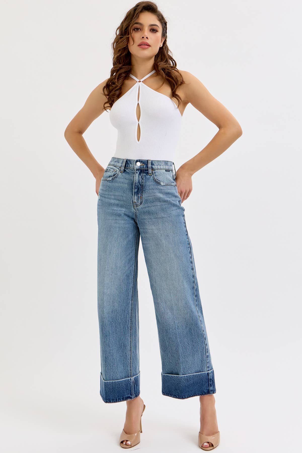 High Rise Wide Leg Cuffed Hem