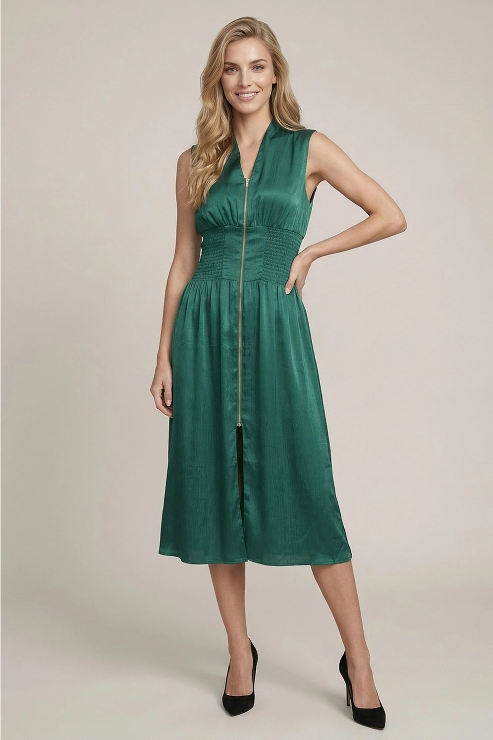 Smocked Waste Front Zip Midi