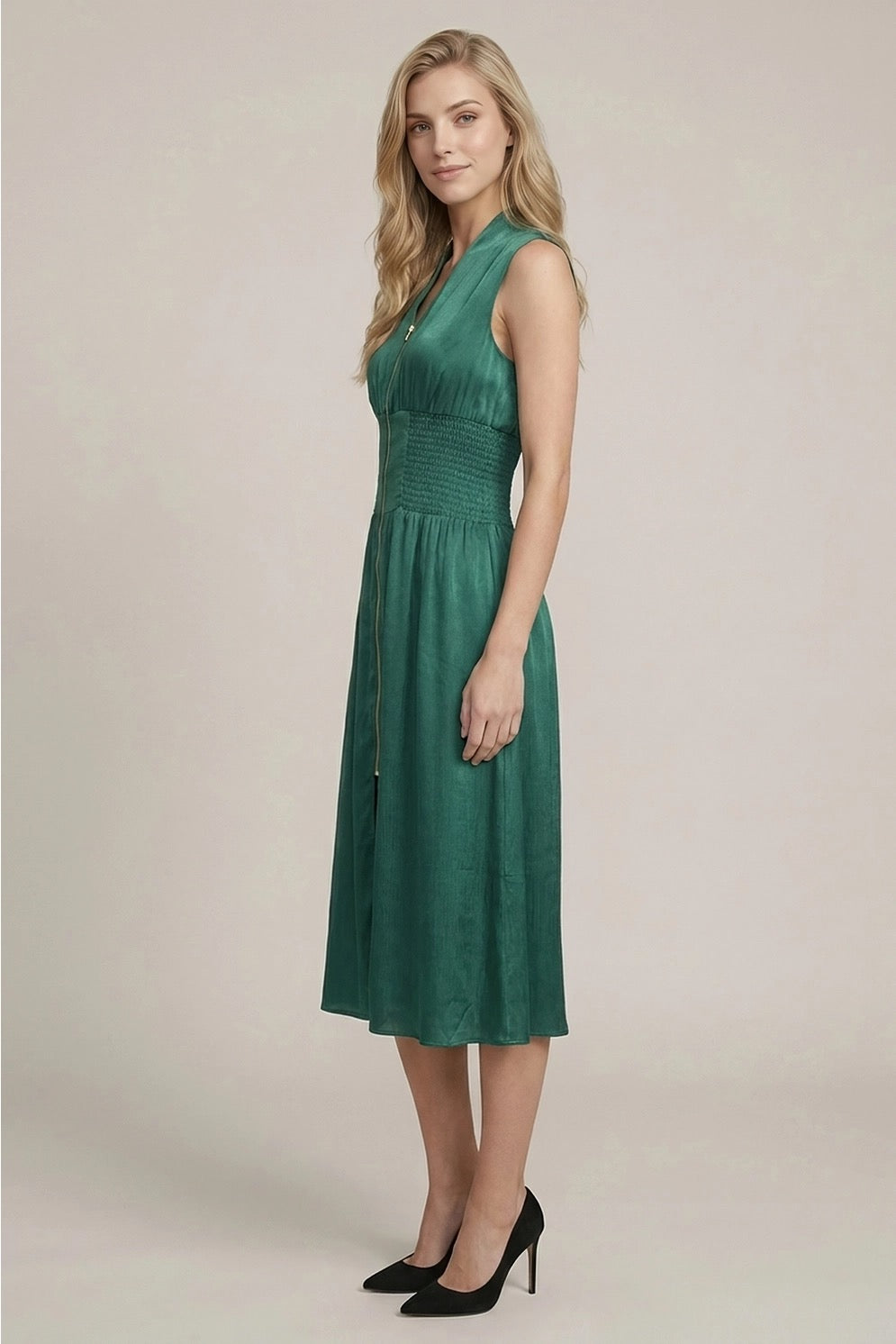 Smocked Waste Front Zip Midi