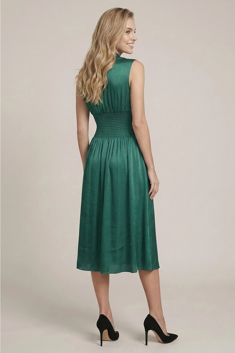 Smocked Waste Front Zip Midi