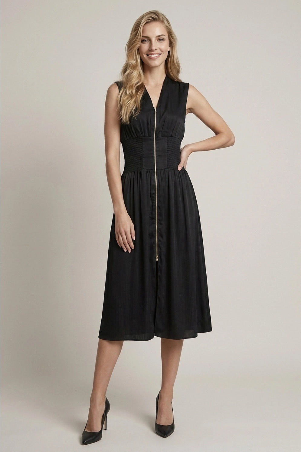 Smocked Waste Front Zip Midi