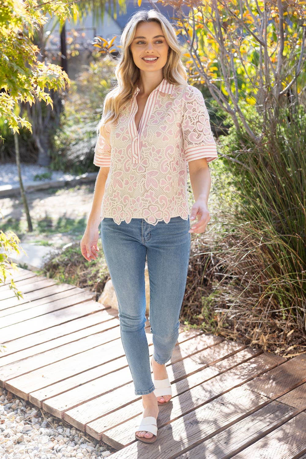 V-Neck Stripe and Lace Mixed Fabric Top