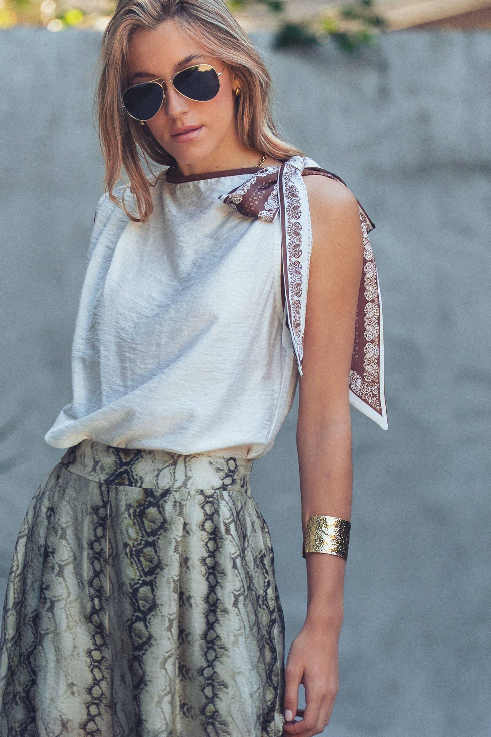 Paisley Scarf Tie Shoulder Linen Blend Top