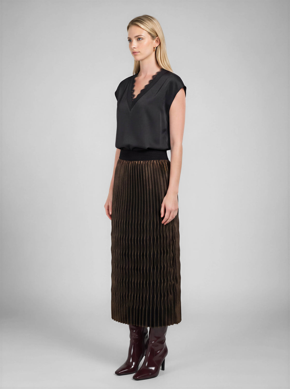 Metallic Pleated Midi Skirt