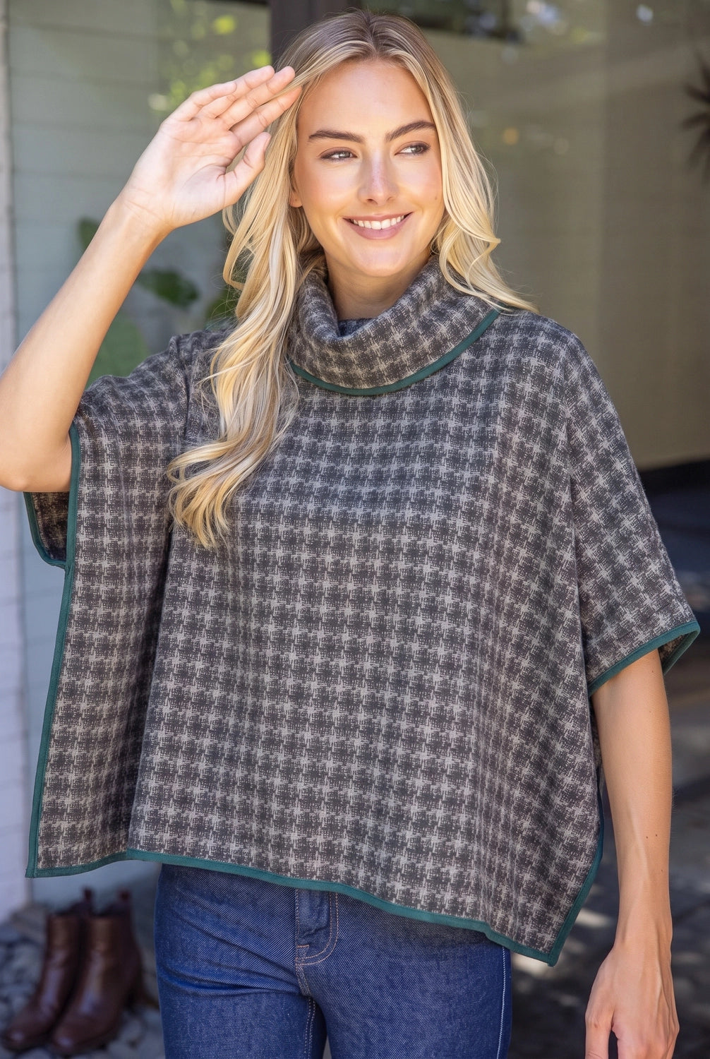 Cowl Neck Houndstooth Poncho