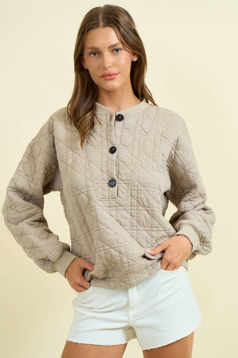 QUILTED BUTTON FRONT SWEATSHIRT