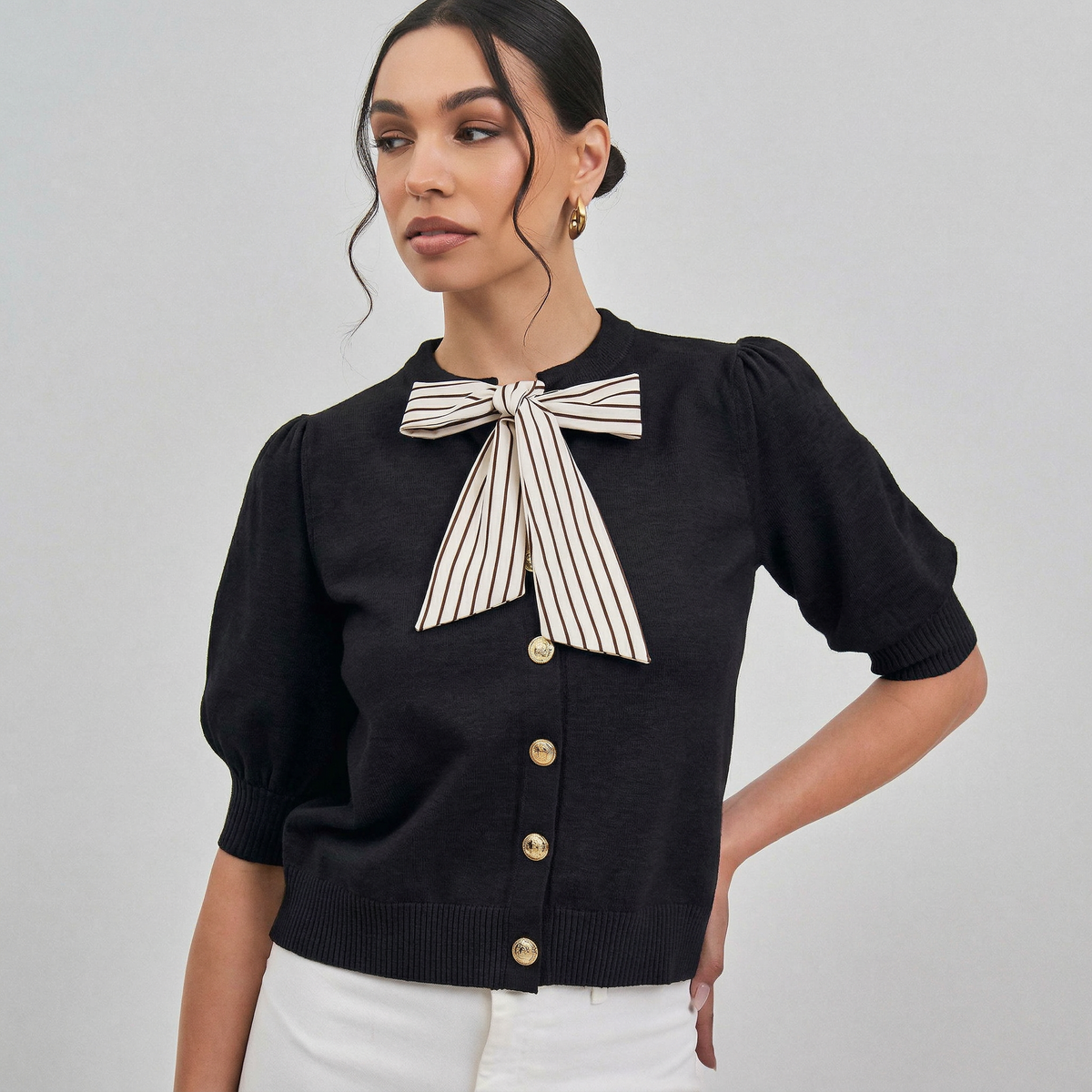 Satin Tie Neck Sweater Cardigan