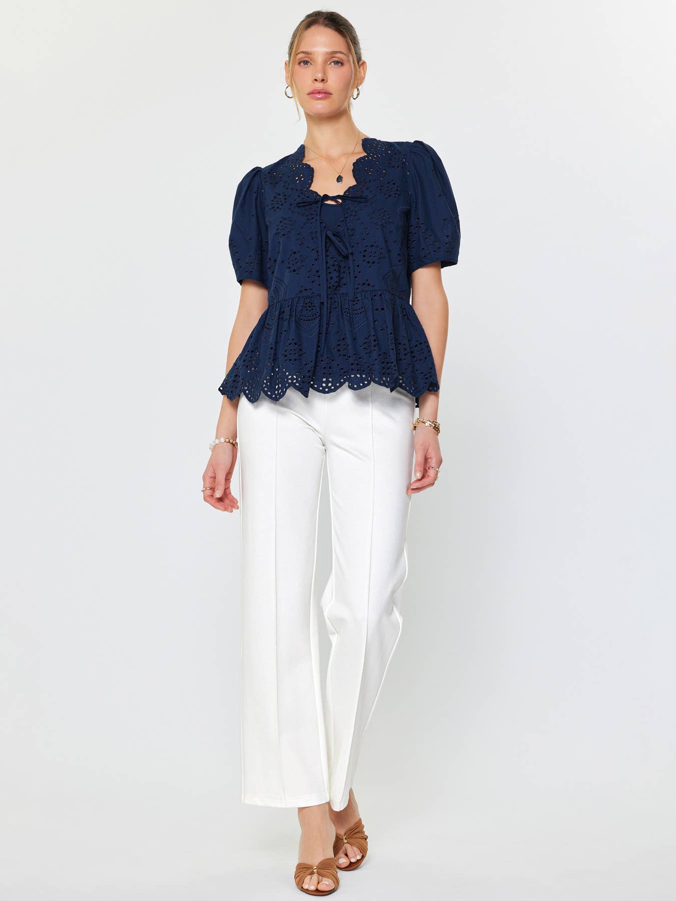 Tie Front Eyelet Embroidered Blouse