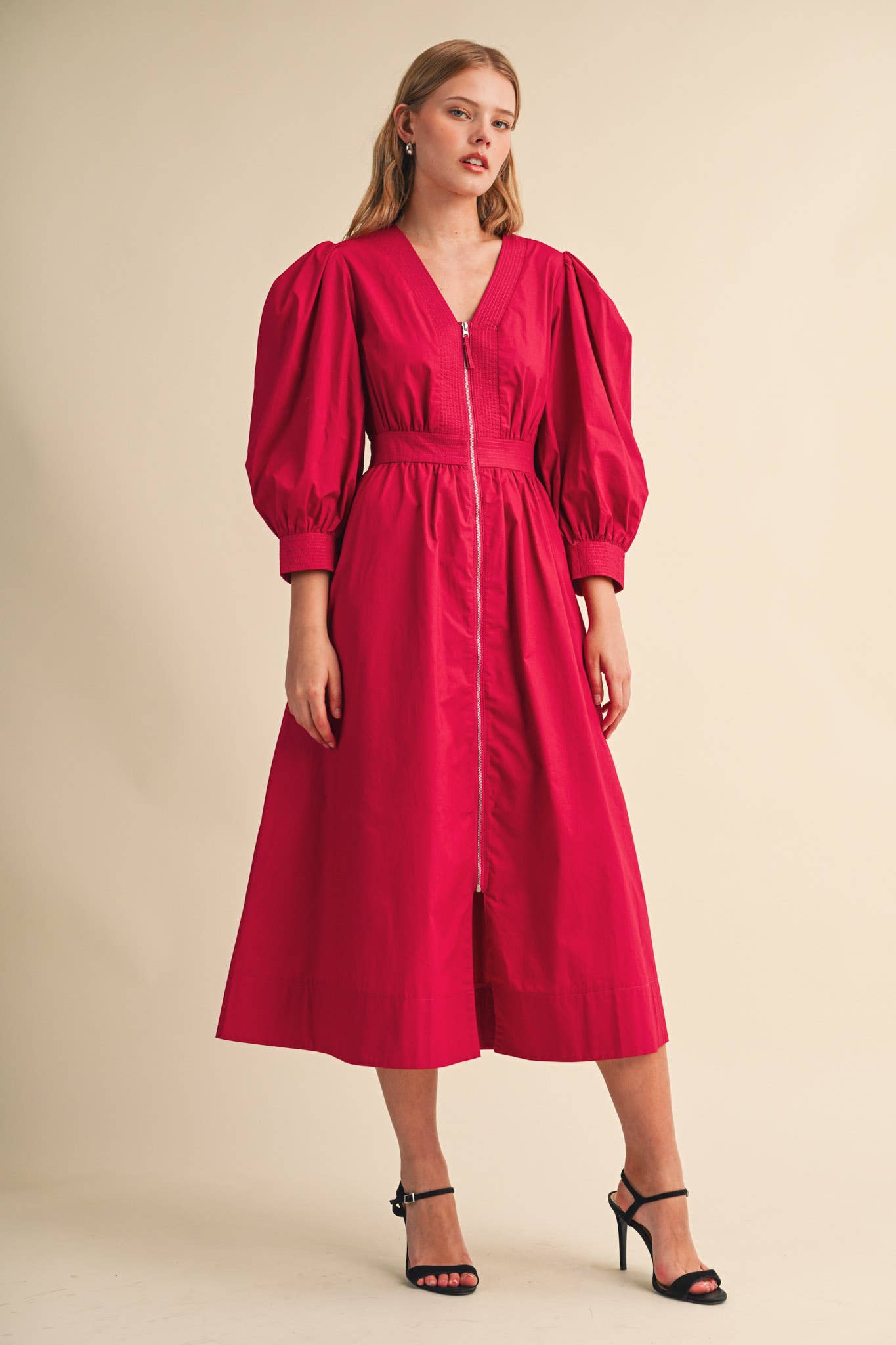 PUFF SLEEVE MIDI DRESS