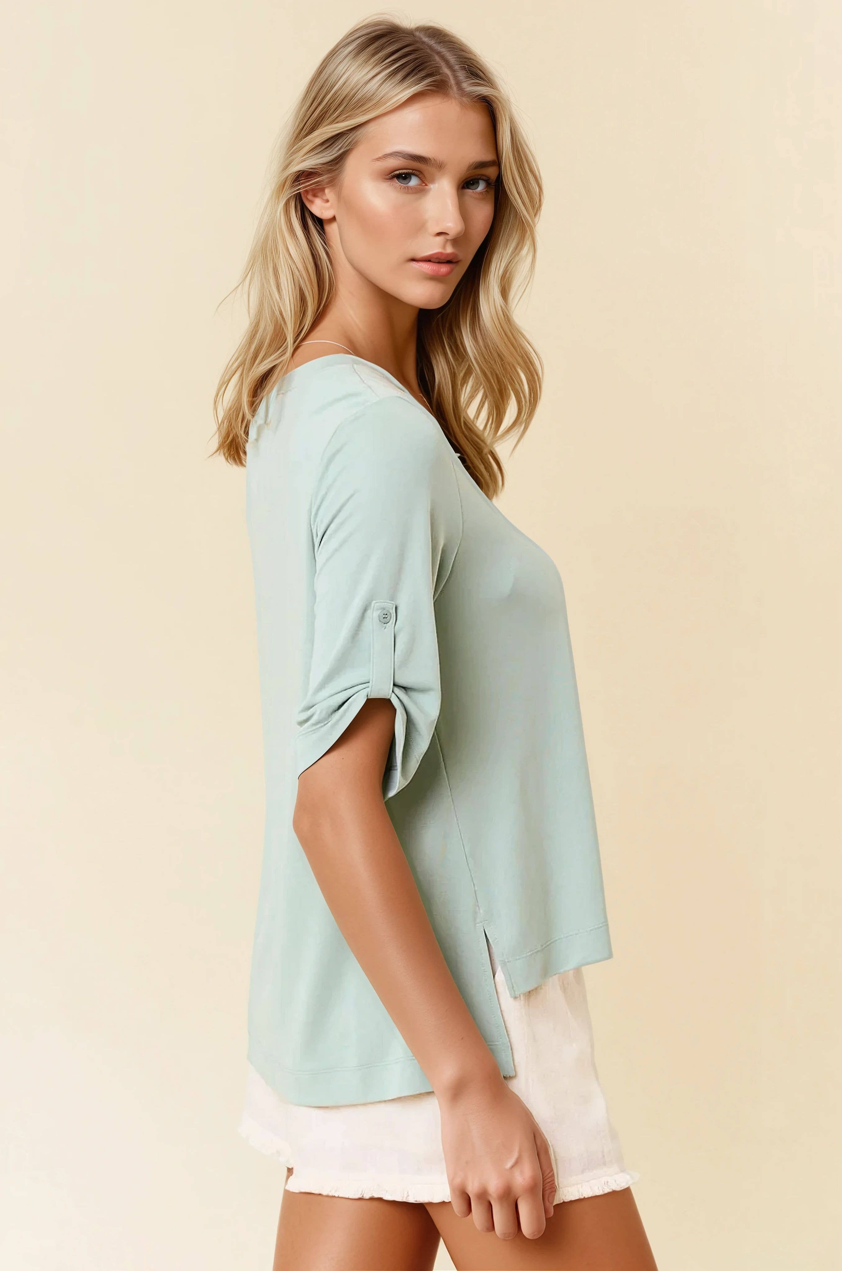 Crew Neck Roll Up Short Sleeve Tee