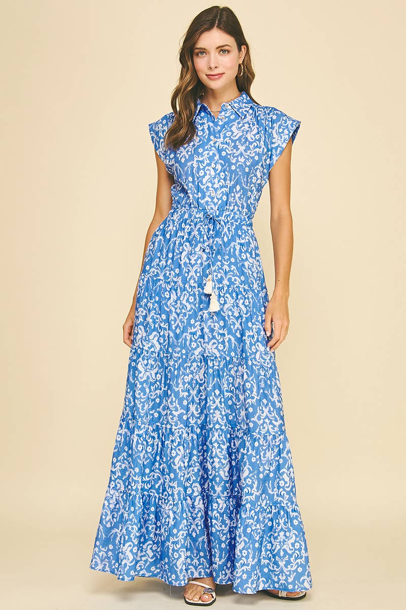 DAMASK PRINT TIERED MAXI DRESS
