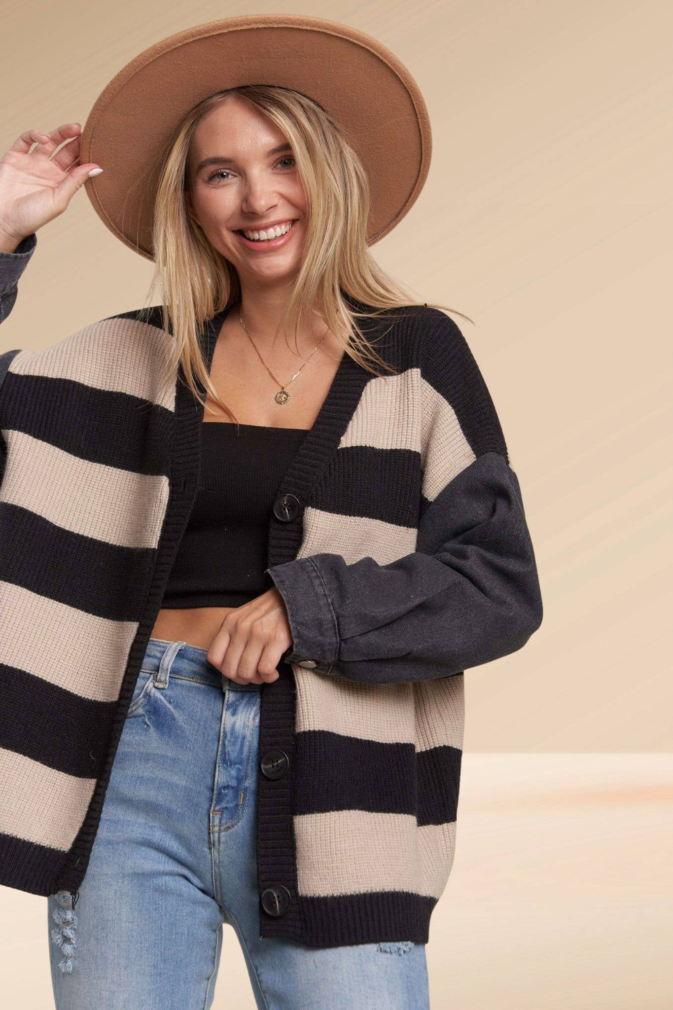 DENIM SLEEVE STRIPE CARDIGAN
