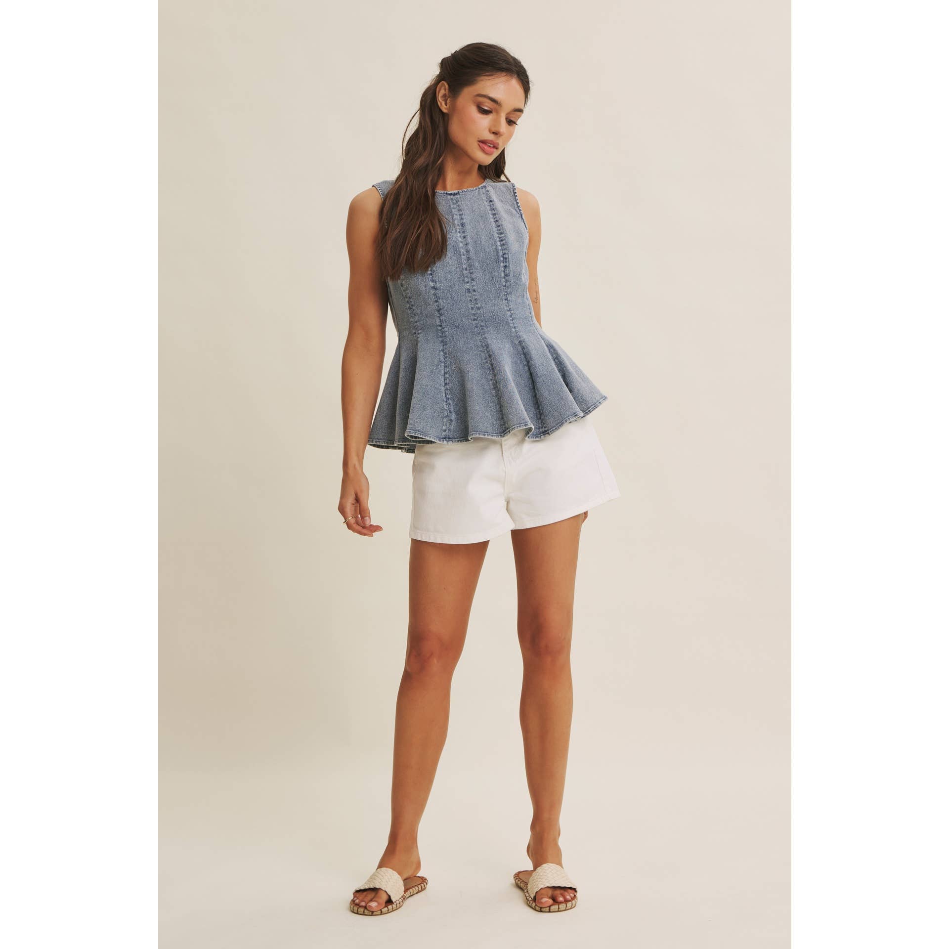 MINERAL-WASHED DENIM PEPLUM TOP