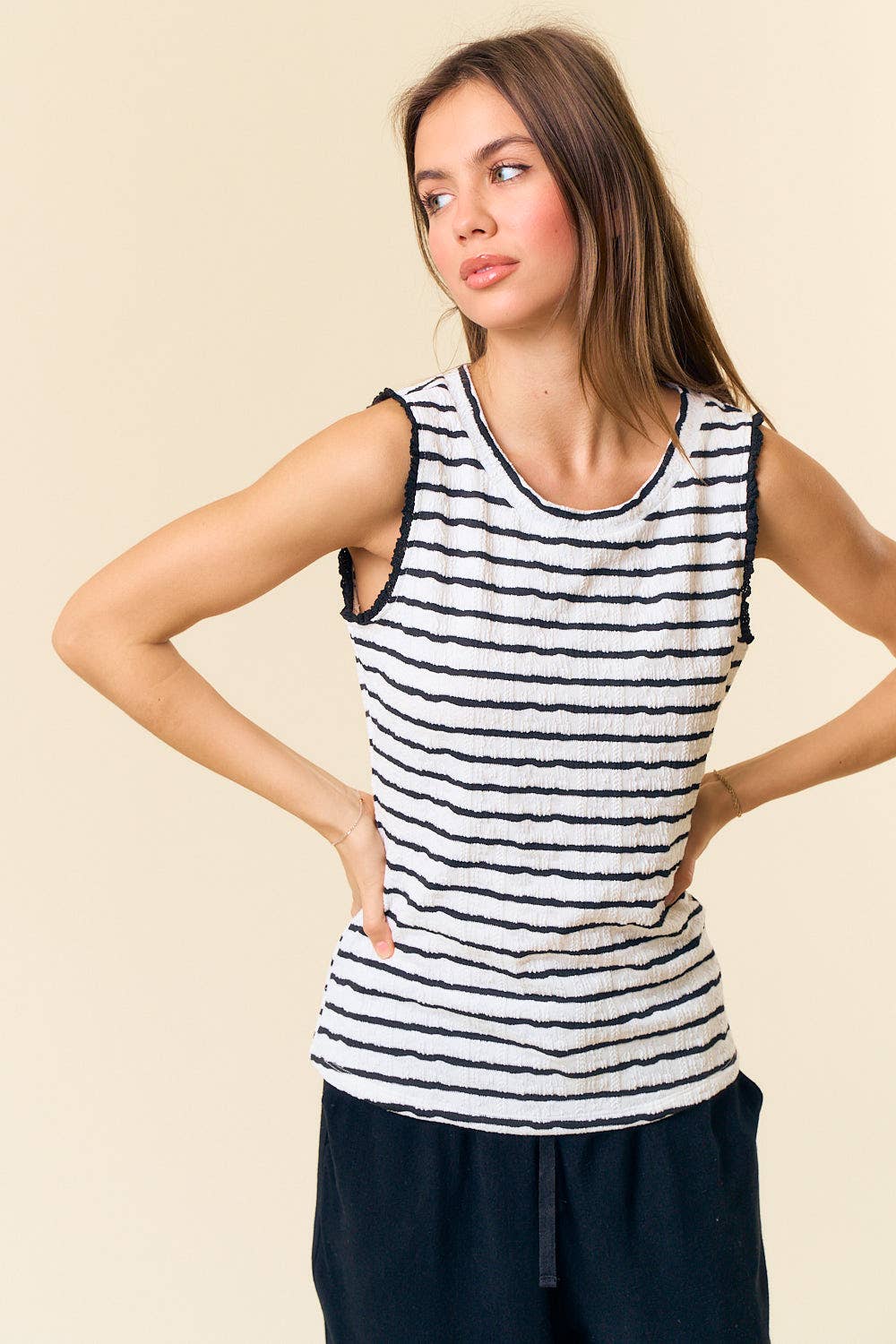 TEXTURED STRIPE RUFFLE TANK TOP