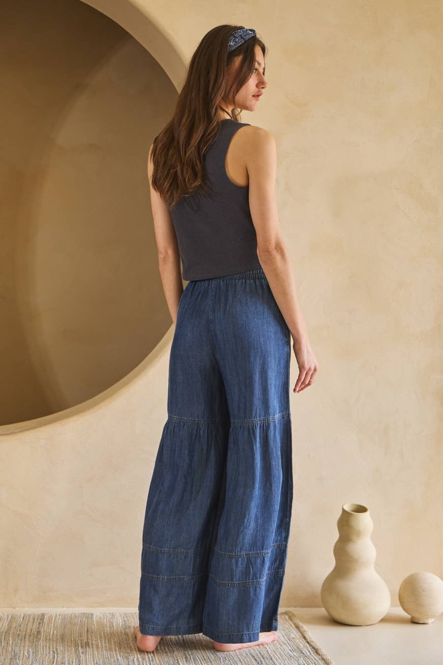 Washed Denim Tiered Wide Leg Pants