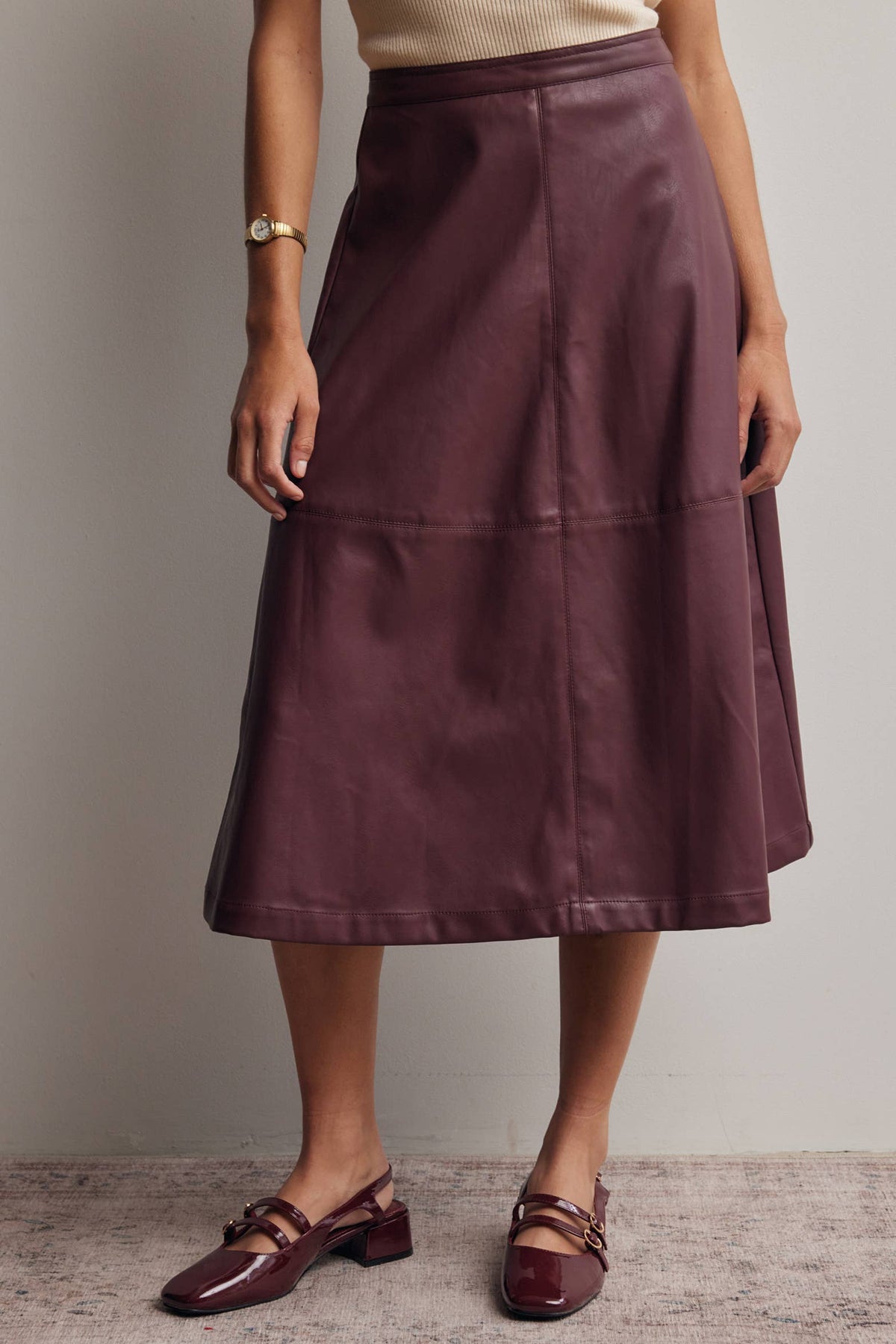 Faux Leather A-Line Midi Skirt