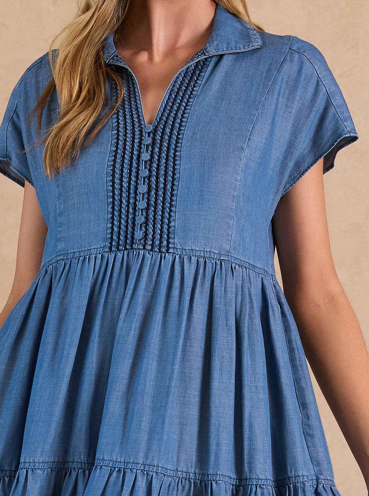Chambray Tiered Mini Dress