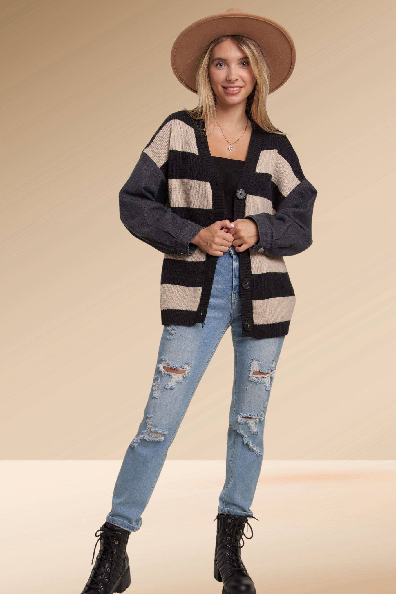 DENIM SLEEVE STRIPE CARDIGAN