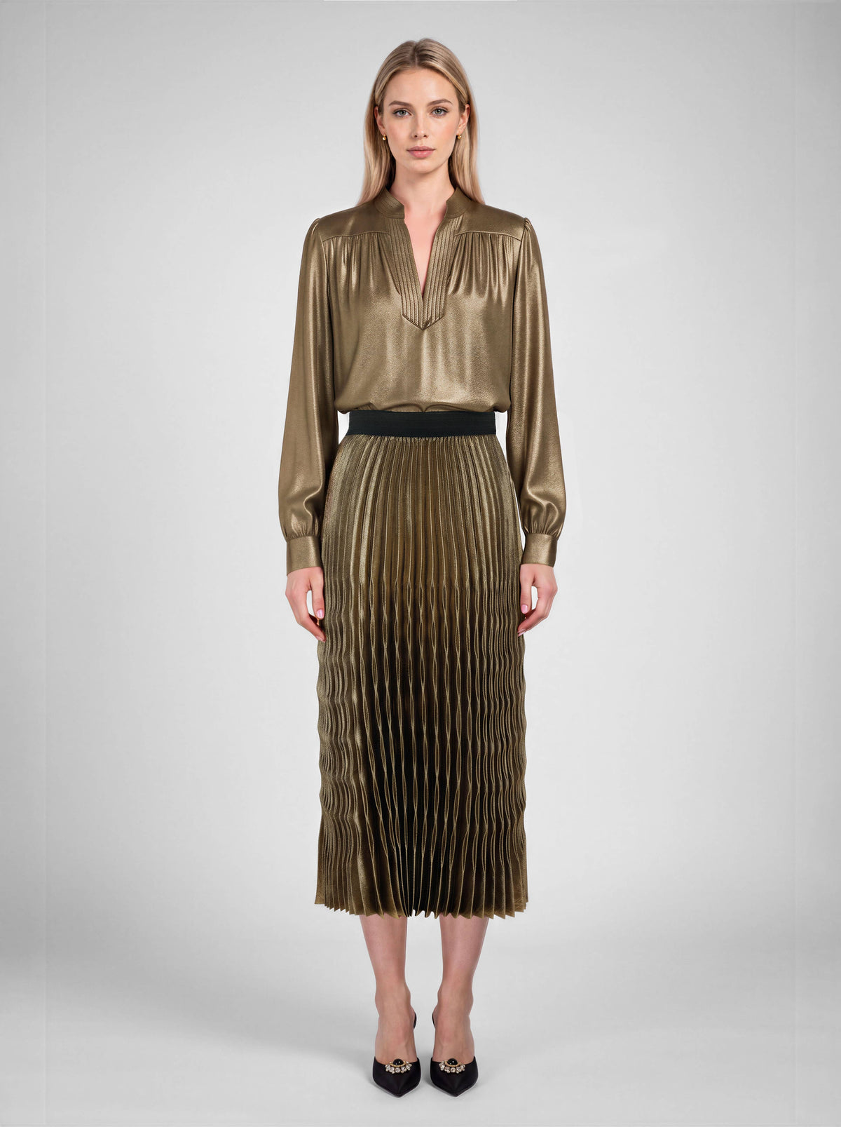 Metallic Pleated Midi Skirt