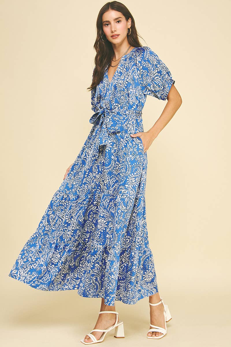 DAMASK PRINT TIERED MAXI DRESS