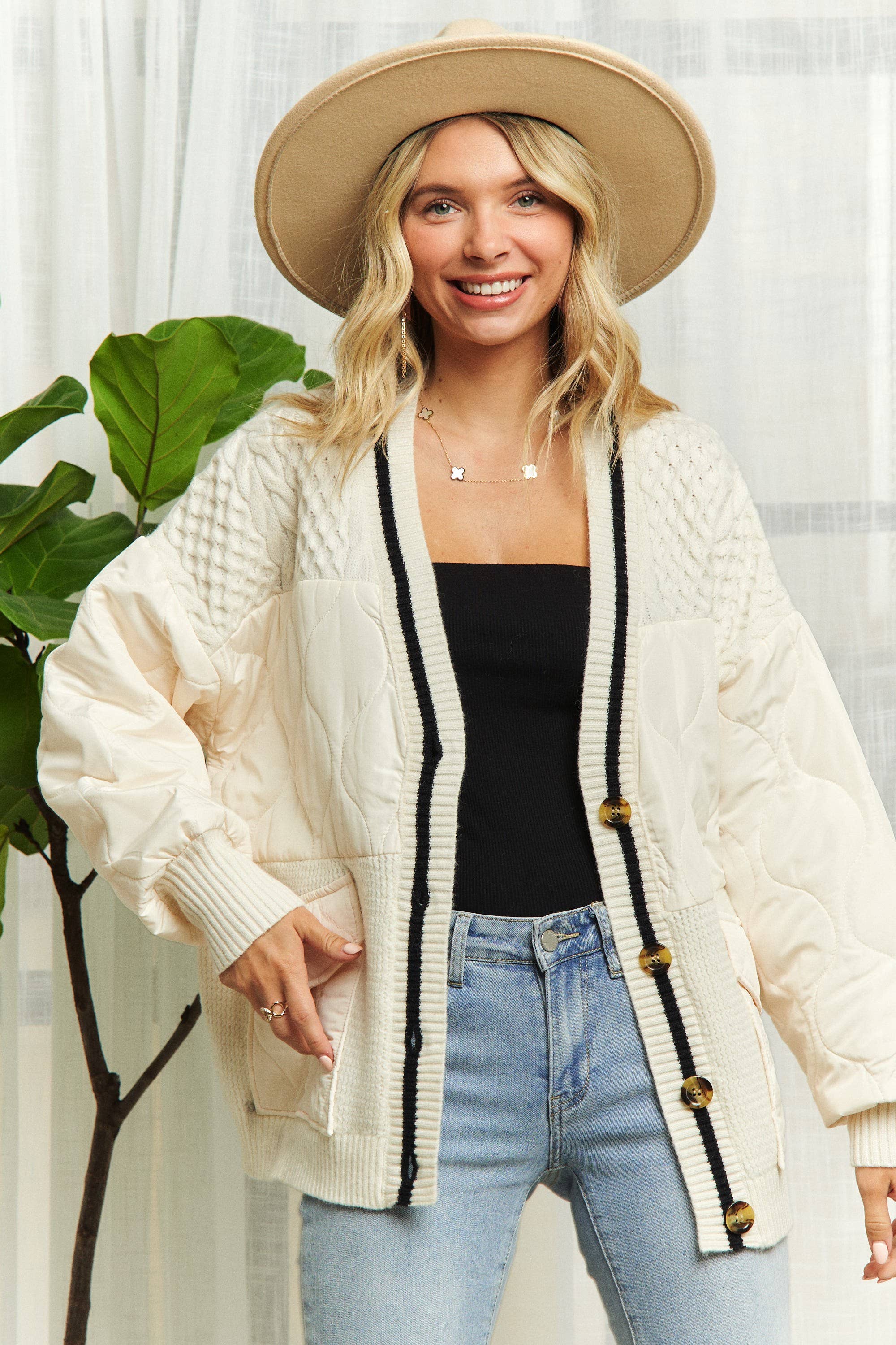 BUTTON DOWN QUILTED SWEATER CARDIGAN