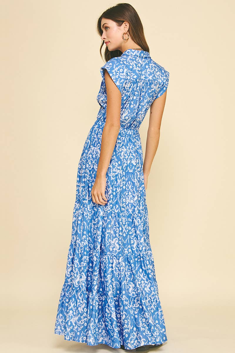DAMASK PRINT TIERED MAXI DRESS