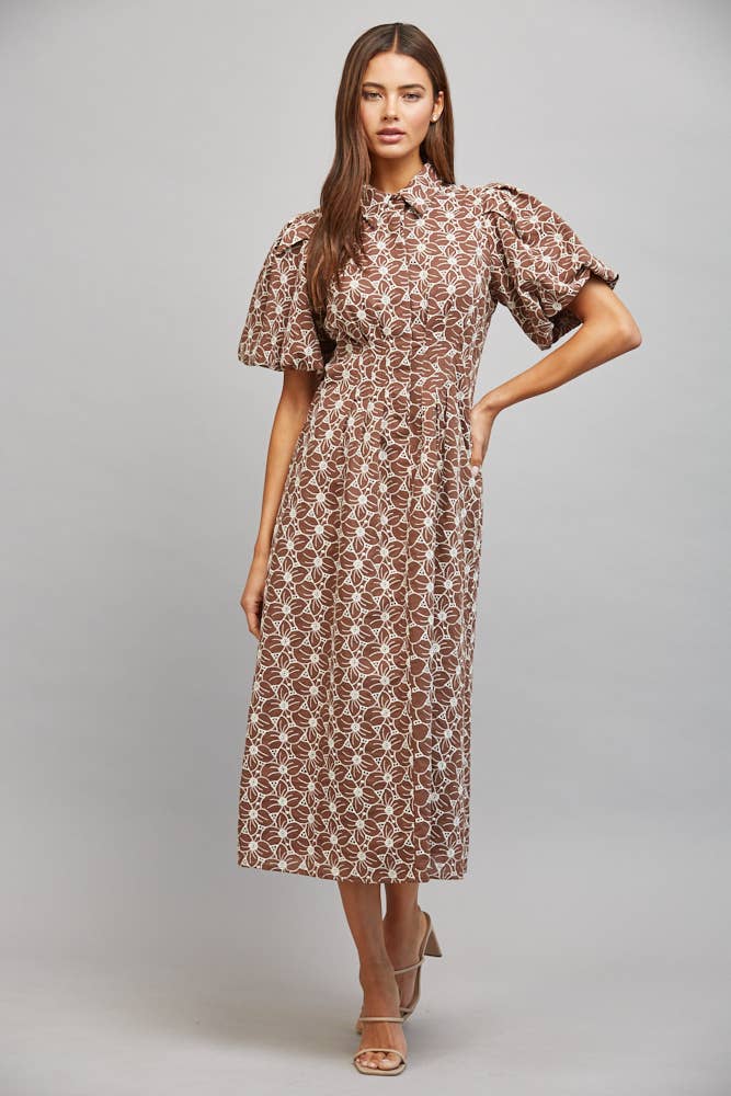 FLORAL EYELET MIDI DRESS
