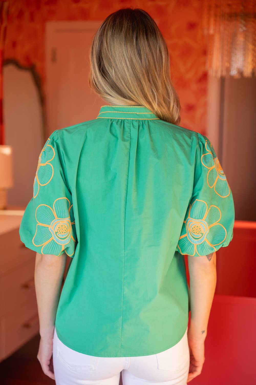 V-Neck Floral Embroidered Bubble Sleeve