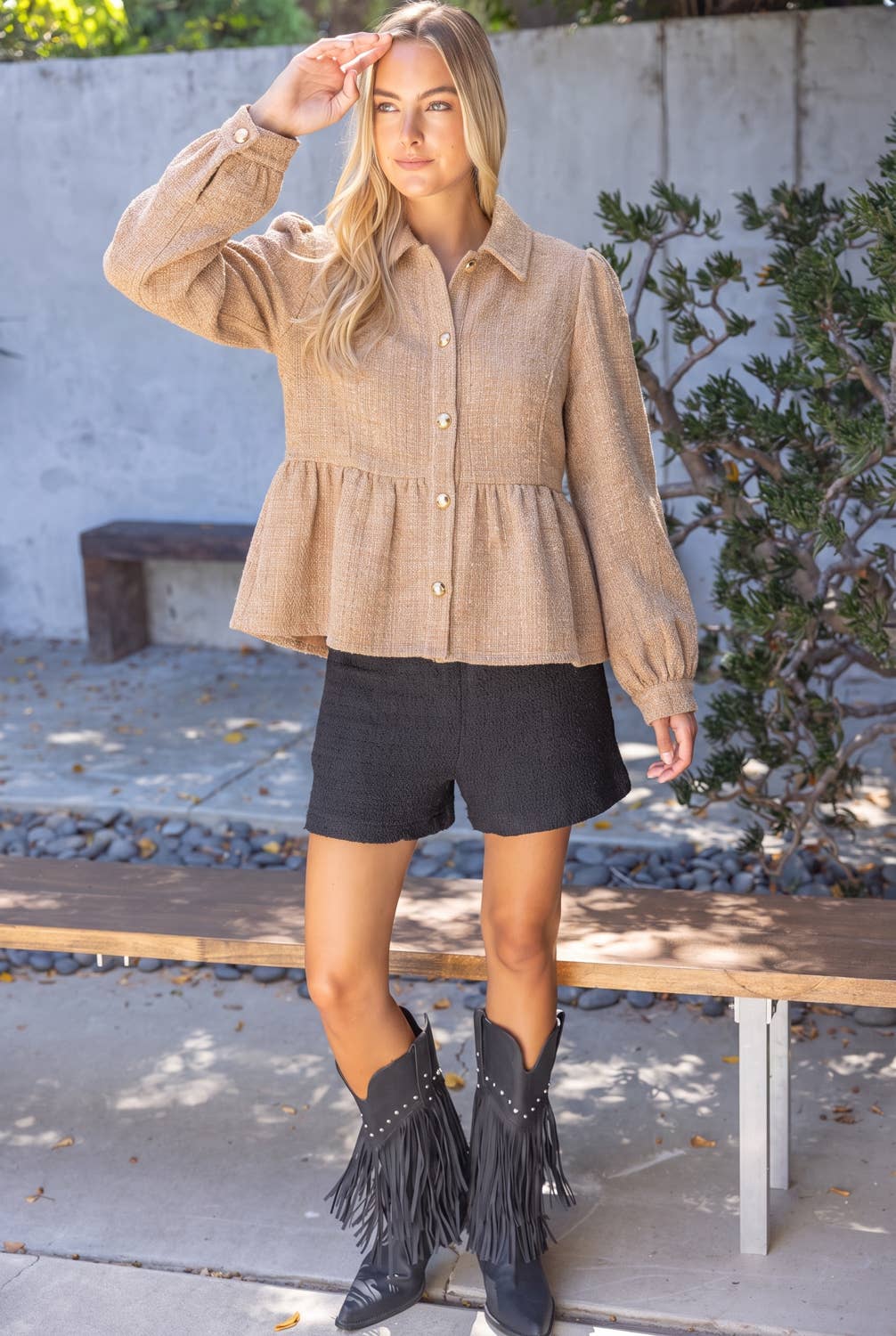 Gold Button Tweed Peplum Jacket