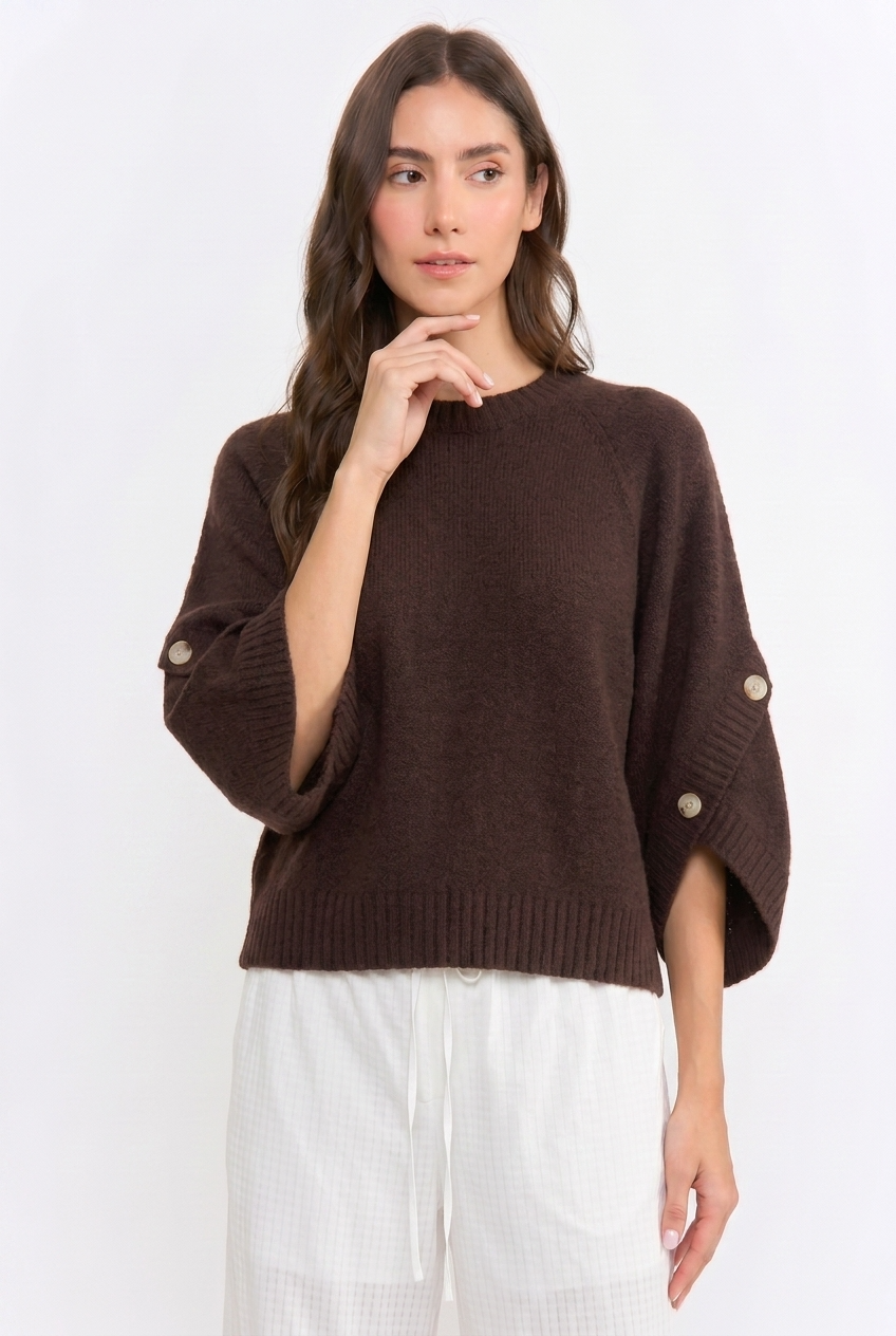 BUTTON SLEEVE KNIT PULLOVER
